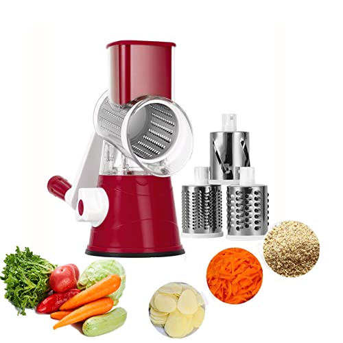 Rallador de Queso,Cortador Manual de Verduras,Cortadora Multifuncional de Verduras y Frutas,Rallador de Queso de Tambor Giratorio,Rebanadora,con 3 Tambores de Acero Inoxidable,Fácil de Limpiar