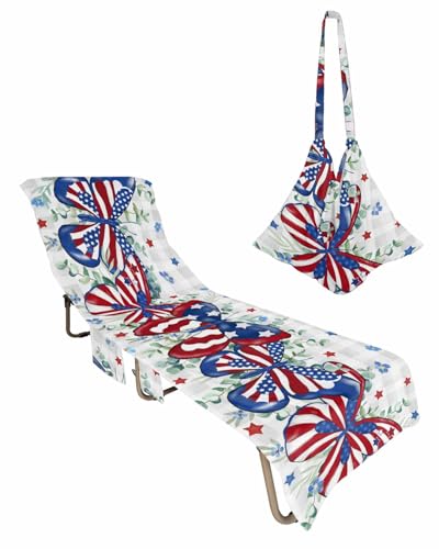 4th of July Butterfly Beach Lounge Chair Towel Cover, Soft Chaise Lounge Towel with Side Pockets Patio Pool Chairs Cover for Beach/Pool Sunbathing 29x85 Blue Red Star Grey Plaid Botanical