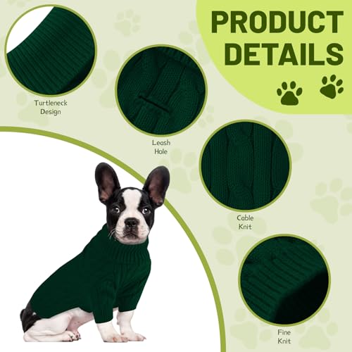 Image of Small Dog Thermal Pullover Sweater, Classic Turtleneck Cable Knitwear Dog Clothes for Cold Weather Warm Pet Clothes for Chihuahua, Bulldog, Dachshund, Pug Green Large