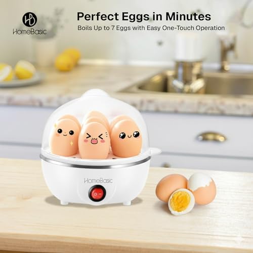 Image of HOMEBASIC 7-Egg Electric Cooker - Automatic Egg Boiler, Soft /Medium /Hard Boiled, One-Touch Operation, LED Indicator, 350W Rapid Heating, Easy Clean