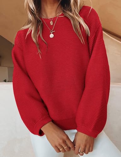 Image of ZESICA Women's Crew Neck Long Lantern Sleeve Fall 2026 Casual Loose Ribbed Knit Solid Soft Pullover Sweater Tops