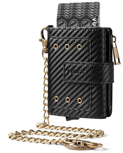 VULKIT Mens Wallet RFID Protected with Chain, POP UP Credit Card Ejector Case, ID Window, Zipper Pocket for Coins and Compartment for Bills/Banknotes, Carbon Black