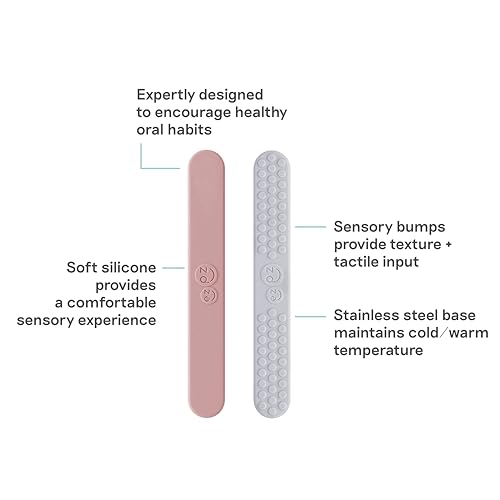 Image of ezpz Sensory Tongue Depressors - All Ages (2 Pack in Blush /Pewter) - Silicone /Stainless Steel Tongue Depressor for Visibility Into the Mouth + Healthy Oral Care Routine