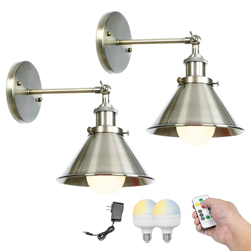 Image of Kiven Battery Operated Wall Sconces Set of 2,Vintage Wall Lights with Rechargeable Bulb, Dimmable Wall Lighting Fixtures for Painting Bedside Vanity Desk, Bronze Finish