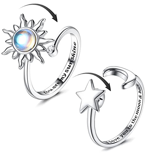 Adramata 2Pcs Plata Anillos Mujer para Ansiedad Girasol Anillo para Inquietos Anillo Ansiedad Piedra Lunar Anillo antiestrés Anillos Giratorios Abiertos Ajustables para Mujeres con Ansiedad