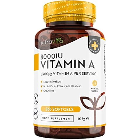 Vitamin A 8000 IE - 365 Kapseln - Vitamin A aus Retinylpalmitat - Retinol - 2.400 μg Vitamin A pro Weichkapsel - Beta Carotin - Ohne unerwünschte Zusätze - Hergestellt von Nutravita Cover