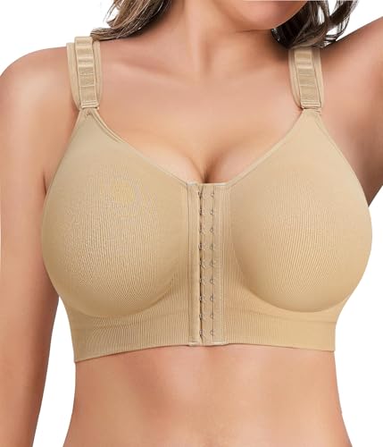 LANCS Wireless Front Closure Bras for Women Compression Mastectomy Bras Surgical Supportive Bra with Adjustable Straps Beige