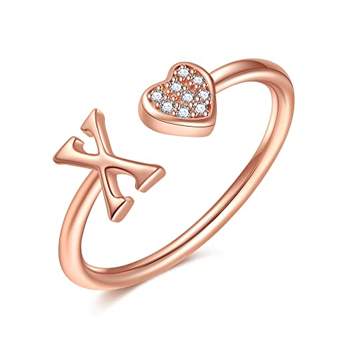 Image of Initial Rings for Teen Girls - S925 Heart Sterling Silver Rings for Teen Girls | 14K Gold /Rose Gold /Sterling Silver Plated Ring for Girls Kids Women Ring for Teenager Girls Gifts Adjustable, No Tarnish, Hypoallergenic