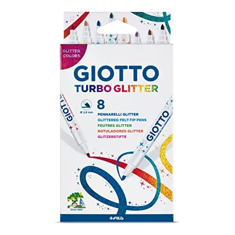 GIOTTO Turbo Glitter Ink Felt Tip Fibre Pens, Super Washable, Fine Tip Nib 2.8mm, 8 Assorted Colours, Ideal for Children, Parties and Schools Cover