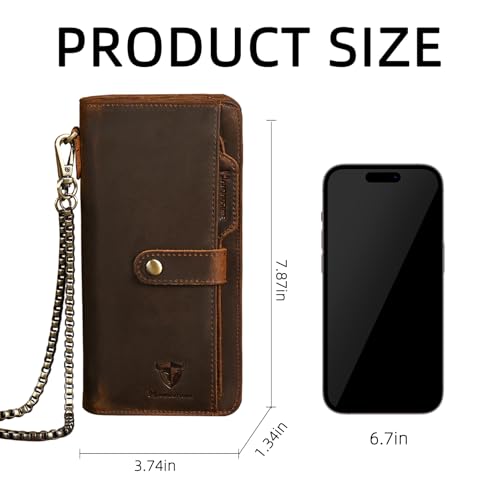 Image of Genuine Crazy Horse Leather Travel Gift Coin Pocket Card Case Long Organizer Chain Rfid Wallet Purse With Snap For Men Male 1803 1815 (W-1821-Brown)