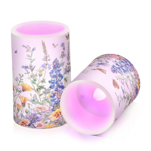 Image of Flower Lights Flameless Candles Watercolor Wildflowers Spring Pillar Candles Set of 2 Battery Operated Remote Control Warm Lights Home Decor