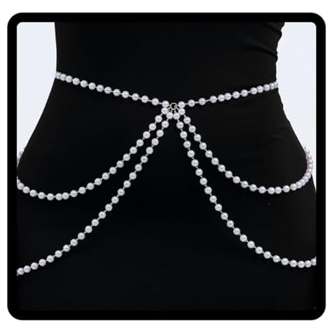 Navoky Layered Pearl Waist Chain Bohemian Multilayered Belly Chain Pearls Silver Body Chain for Women and Girls Cover
