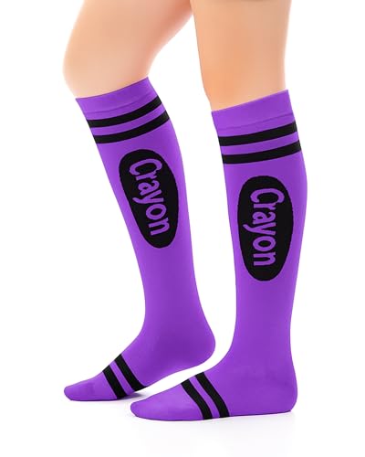 Geyoga Funny Crayon Socks for Women Crayon Knee High Socks Novelty Stocking Stuffers Rainbow Pencil Stockings(Purple)