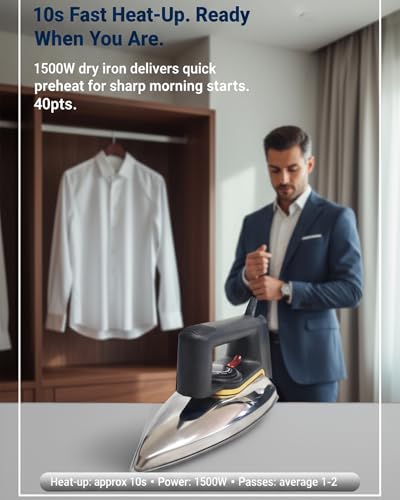 مكواة جافة 1500 واط من اليسم، مكواة سفر للملابس مع غطاء قاعدة واقية 0.2 ملم، تسخين سريع 10 ثوان، طرف دقيق للاطواق / الازرار، 5 اعدادات لدرجة الحرارة، مزيل التجاعيد