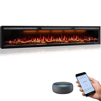 Mystflame 95 Inch WiFi-Enabled Electric Fireplace Inserts & Wall Mounted, Slim Electric Fireplace Heater, 750/1500w, Adjustable Flame Color, Remote Control & Touch Screen, Logs & Crystals, Black