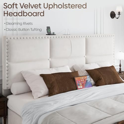 Image of Queen Bed Frame with 2 Storage Drawers, Velvet Upholstered Platform Bed Frame Queen Size with Charging Station, Wooden Slats Support, Noise-Free, No Box Spring Needed, Easy Assembly, White