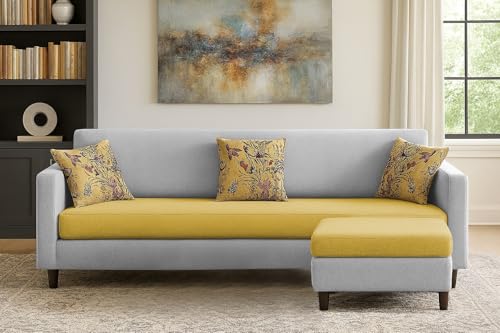 Image of Casaliving Premium Lifestyle Fabric 5 Seater L Shape Sofa Set 4 Seater Modern Sofa Set & Ottoman for Living Room (Yellow Grey Color)