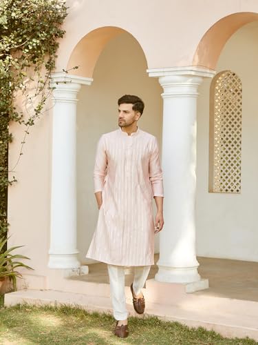 Image of See Designs Men Full Sleeve Chanderi Silk Sequins Mandarin Collar Side Slit Kurta