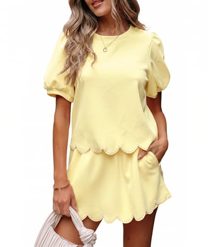 MARZXIN Womens 2 Piece Skort Set Puff Sleeve Pearl Embellished Scallop Trim Shorts Set Comfy Lounge Set Casual Summer Outfit Yellow M