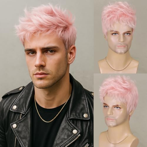 YOUGRACE Short Pink Wig for Men Handsome Male Wig Daily Costume Synthetic Full Wigs Natural Pink Hair Replacement Wig