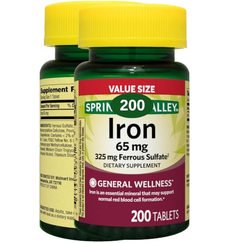 Spring Valley Iron Supplement Tablets, 65mg, Vegan, Halal, 200 Count (200)