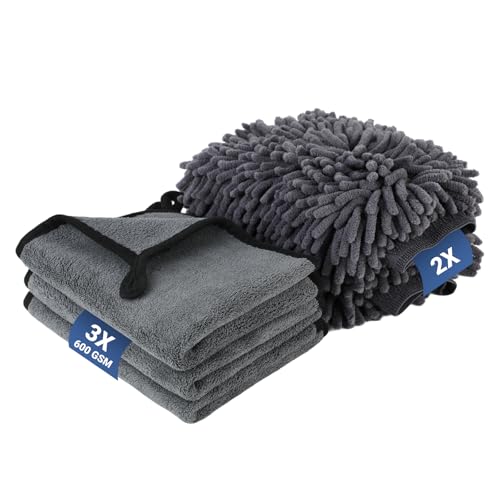 IMALPQPP Kit Limpieza Coche con 2 Guantes y 3 Bayetas Microfibra – Toalla Secado Coche 600 gsm Extra Suave, 40×30 cm