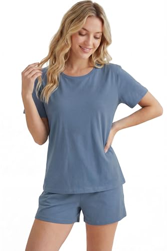 Image of LUBOT Pajamas for Women Set Bamboo Viscose with Cotton Cooling Soft 2 Piece PJ Sets Short Sleeve Nightwear S-2XL