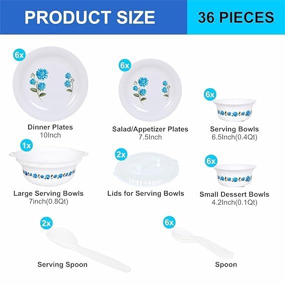 Black Sparrow Unbreakable Plastic Light Weight Dinner Set of 36 Pcs, 6 Big PLATS, 6 Small PLATS, 12 Small Bowl,6 Table Spoon,2 Big Spoon, 2 Big Bowl with 2 LID Multi Color (Blue) - Image 6
