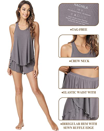 Nachila Women's Pajamas Set Bamboo Ribbed Racerback Tank Top And Shorts Sleepwear Sleeveless Loose Fit Nightwear Pjs Purplish Grey M #TOP3