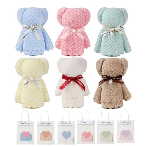 Alutaio タオル6個セット ハンカチ プチギフト ハンドタオル プレゼント個包装 かわいい パールくまさん ベアー ギフト 景品 退職 退院 引っ越しの挨拶 結婚式 お返し粗品 メッセージカード ラッピングバック付き(パールくまさん+メッセージカード+opp透明手提げ袋 6セット)