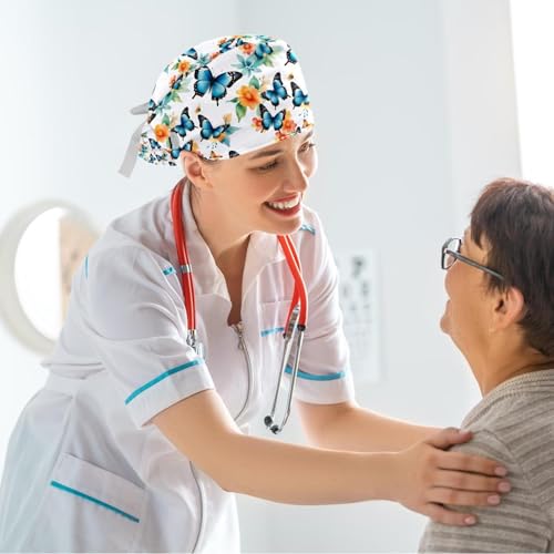 Image of Colored Butterflies Scrub Caps Women Ponytail, Adjustable Bouffant Surgical Caps with Button, Nurse Hats Long Hair