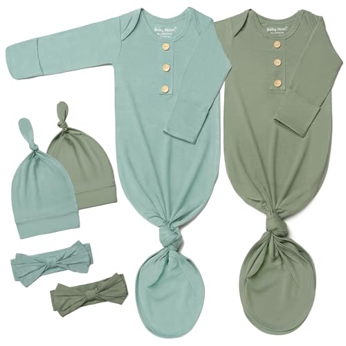 Image of Baby Noah Newborn Knotted Gown Set with Hat and Headband, Soft Tie Bottom Newborn Sleepers for Baby Girl Boy (2 Packs)