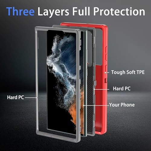 Coque Samsung S22 Ultra antichoc rouge et gris avec protections d'écran et d'objectif intégrées - 5