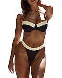 Jolefille Thong Bikini Sets for Women- Underwire Swimsuit Two Piece Bathing Suit Color Block Push Up Top String Cheeky Bottom