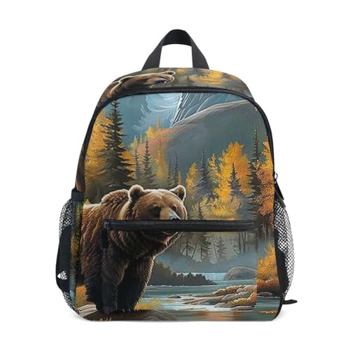 GAIGEO Landscape Brown Bear Backpack for Kids Backpack for Kindergarten Boys with Front Pocket, Safety Whistle for Ages 3-8