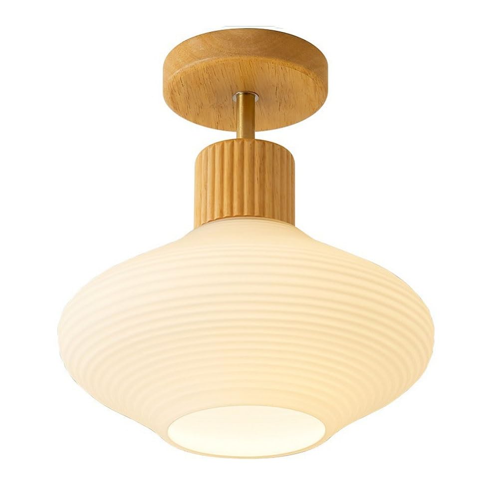 FEITENGDA Modern Nordic Wood Flush Mount Ceiling Light Japanese Ribbed Frosted Glass Ceiling Lamp Minimalist Small Accent Close to Ceiling Light for Bedroom Hallway Entryway(Wood)