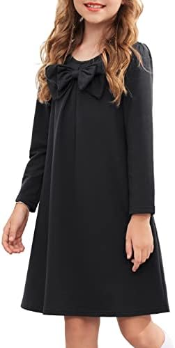 Arshiner Big Girls Long Sleeve Dress Solid Bow-Tie Dresses Plain Casual Tunic Dress Black Size 9