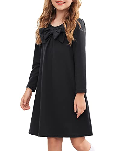 Arshiner T-Shirt Fall Dress For Girls Long Sleeve Casual Solid Color Midi Dress With Bowknot Black Size 5 #TOP28