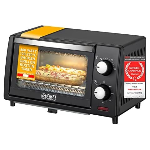 TZS First Austria 10 Liter Minibackofen, 800 Watt, bis 230 Grad, stufenlose Temperaturregelung, 60 Minuten Timer, 2 Einschubhöhen, Doppelglastür, Mini Ofen Cover