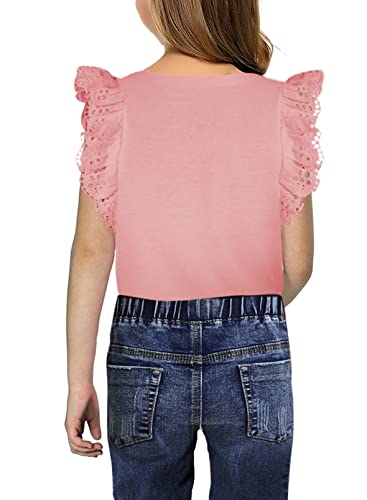 Blibean Girl Summer Tops Tween Girls Ruffle Sleeve Blouse Solid Color Casual Shirts Cute Clothes Preteen Kid Dressy Clothing Size 10-11 Years Old Pink #TOP1