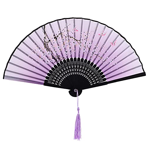 Abanico plegable de mano para mujer, abanicos plegables de bambú con borla, tela de seda, decoración de pared, boda, fiesta (morado)