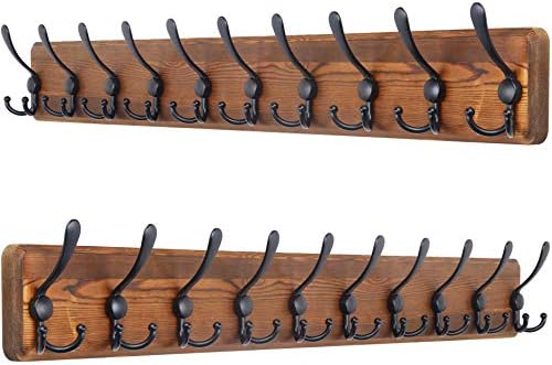 SKOLOO Coat Rack Wall Mounted - 38.3'' Long, Wooden, Heavy Duty, Rustic Coat Hooks for Wall, 16'' Hole to Hole, Wall Coat Rack with 10 Triple Hooks for Hanging Clothes, Jacket, Hat(Brown)