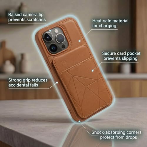 Image of amazon basics Premium Vegan Leather Back Cover with Card Holder and Integrated Mobile Stand for iPhone 15 Pro - Slim Shockproof Wallet Case with Geometric Stitching [Tan]
