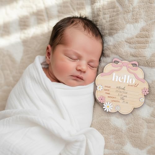 TTMerriwood Hello World Wooden Baby Birth Announcement Sign with Pink Bow, Cloud Shape Floral Newborn Name Date Time Weight Length Board, Baby Girl Nursery Photo Prop (Light Pink)