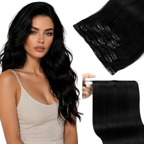 Image of Sunny Hair Clip in Hair Extensions Real Human Hair Black Women 20 Inch 135g | Clip-in Hair Extensions Jet Black add Natural Look and Full Head for Night Out Hair Soft Blend that Remains Easy to Style