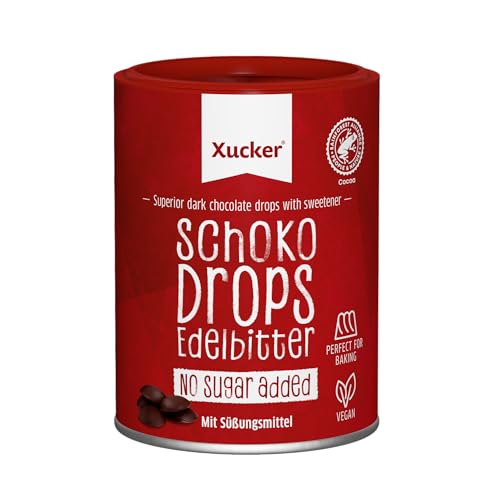 Xucker Schoko-Drops Edelbitter mit Xylit - Schokolade Zuckerersatz -Vegane Schokodrops -Zuckerreduzierte Süßigkeiten zum Backen (min. 75% Kakaoanteil / 200g) | 200 g (1er Pack)