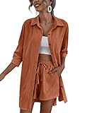 Picture of Zeagoo Womens Summer Two Piece Outfits Casual Short Sleeve Button Down Shirts Top and High Waisted Shorts Sets Burnt Orange Small