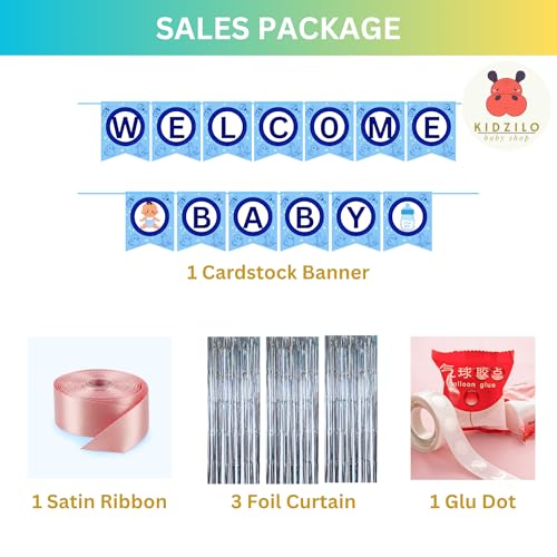 Image of 57 Pcs Welcome Baby Boy Decoration Kit | Balloons, Banner, Curtains, Foils, Stars, Hearts, Ribbon & Confetti for Baby Shower & Newborn Celebration Set 08