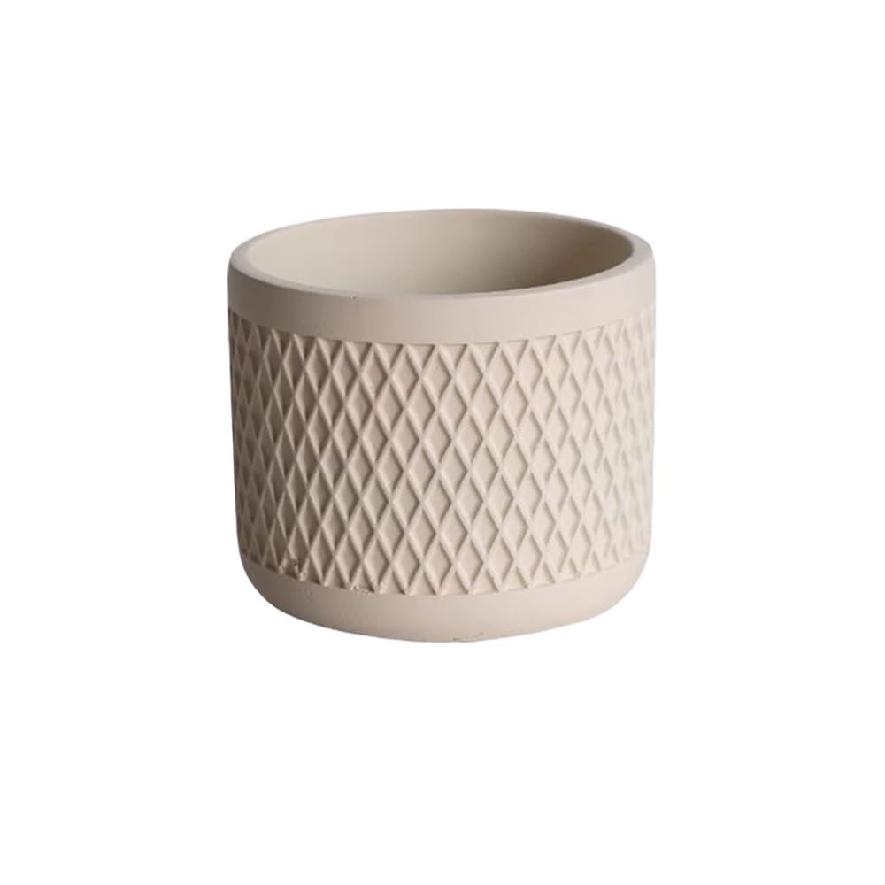 LIBANGRONG-888 Plant Pots Round with Grid Texture Plant Pot, Cement Tabletop Planter with Drainage Hole, for Decorate Balcony Living Room Kitchen Flower Planter Pot(Beige,Large)