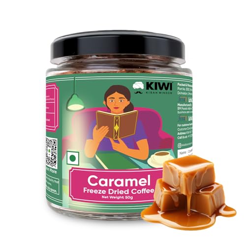 Image of KIWI Kisan Window Caramel Freeze-Dried Instant Coffee, 50g | 100% Arabica | Sourced from Coorg, Karnataka | Smooth Caramel Aroma & Flavour | Easy to Brew Cafe-Style Coffee
